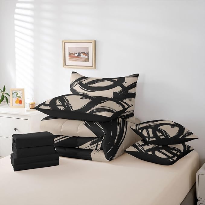 Erosebridal Black Beige Abstract 7 Piece Comforter Set Full Bed in A Bag Modern Graffiti Minimalist Line Bedding Set Simple Cool Unique Geometric Sketch Sheet Set Ink Painting Aesthetic Quilt