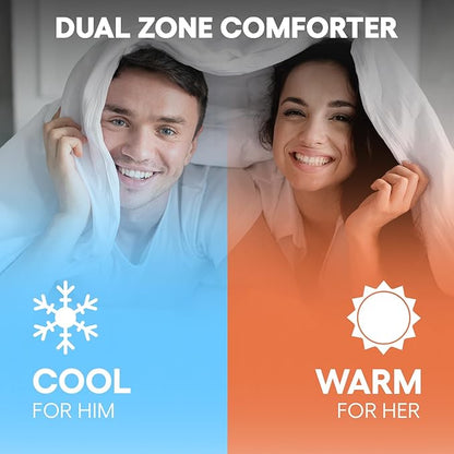 SöMN Kömforte Microfiber Dual Zone Comforter, His and Hers Blankets for Couples, Cool & Warm Two Temperature Comforter, Alternative Down Duvet Insert, Wedding Gift (White, Queen)