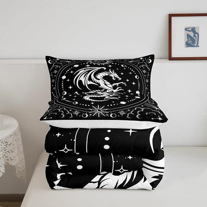 Black White Dragon Comforter Set King Size,Sun Moon Stars Cloud Galaxy Bedding Set for Kids Girls Boys Teens Room Decor,Western Magical Boho Style Duvet Insert,Exotic Luxury Quilt Set,2 Pillowcases