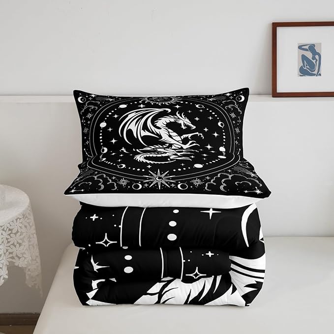 Black White Dragon Comforter Set Queen Size,Sun Moon Stars Cloud Galaxy Bedding Set for Kids Girls Boys Teens Room Decor,Western Magical Boho Style Duvet Insert,Exotic Luxury Quilt Set,2 Pillowcases