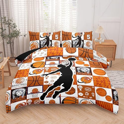 Helloosun 5PCS Twin Basketball Comforter Set,Sports Bedding Sets for Boys,Twin Boys Comforter Set,Basketball Bedding Set with Sheets，Pillowcases