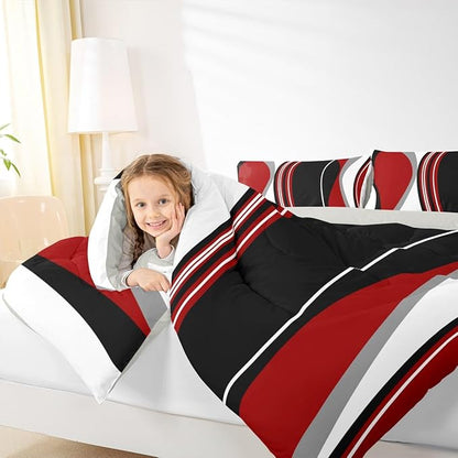 Erosebridal Red and Black Striped Twin Bedding Sets for Adult Women Men Grey Modern Abstract Comforter Set Geometric Stripes Lines Quilt Duvet Set Contemporary Art Boho Bed Collections for Minimalist