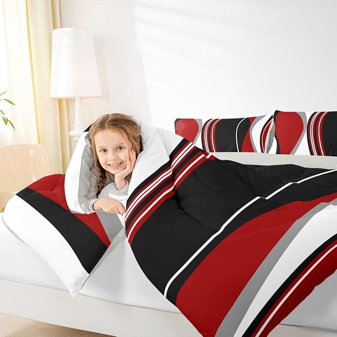 Erosebridal Red and Black Striped King Bedding Set Grey Modern Abstract Comforter Set for Adult Women Men Geometric Stripes Lines Bed Collections Contemporary Art Boho Duvet Quilt Sets for Minimalist