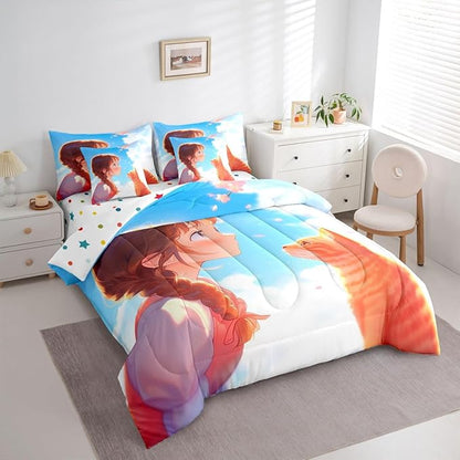Erosebridal Japanese Anime Kids Bed in A Bag Cute Cartoon Girl Bedding Set Black Cat Animal King Comforter Set 7 Piece Romantic Aesthetic Girly Sheet Set with Comforter