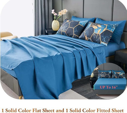 ANGIYUIN Blue Gold Marble California King Bedding Sets for Women Men, 7Pcs Geometric Hexagon Theme with Gold Leaves Bed in A Bag with Sheets, Watercolor Honeycomb Soft Bedding Comforter Set