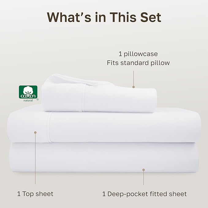 California Design Den Twin Sheets Set - Soft 400 Thread Count Sateen, Natural 100% Cotton Sheets, Deep Pockets with All Around Elastic for a Snug Fit, Durable Bedding Set - White