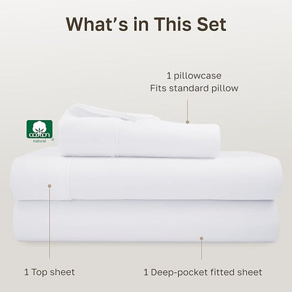 California Design Den Twin Sheets Set - Soft 400 Thread Count Sateen, Natural 100% Cotton Sheets, Deep Pockets with All Around Elastic for a Snug Fit, Durable Bedding Set - White