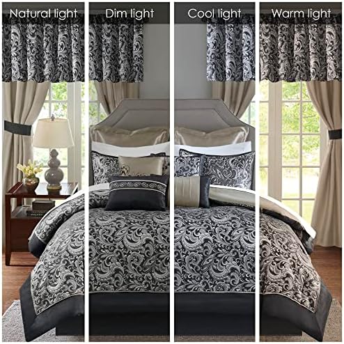 Madison Park Essentials Brystol 24 Piece Room in a Bag Faux Silk Comforter Jacquard Paisley Design Matching Curtains Down Alternative All Season Bedding-Set, Cal King(104 in x 92 in), Black 24 Piece