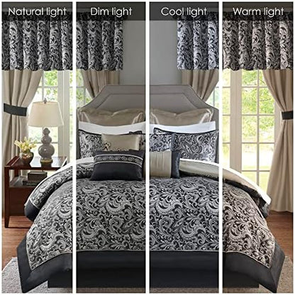 Madison Park Essentials Brystol 24 Piece Room in a Bag Faux Silk Comforter Jacquard Paisley Design Matching Curtains Down Alternative All Season Bedding-Set, Cal King(104 in x 92 in), Black 24 Piece