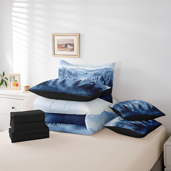 Erosebridal Boys Blue Forest King Comforter Set with Sheets 7 Piece,Rustic Woodland Pine Tree Bedding Set,Jungle Smoky Mountain Bed in A Bag for Kids Adults Men Retro Natural Landscape Bed Set