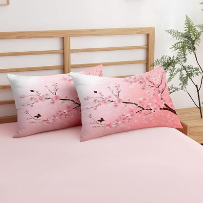 Japanese Bedding Set King Size,Pink Flower Comforter Set 3Pcs Cherry Blossom Quilted Bed Set with 2 Pillowcases for Girls Women, All Season(104"x90")