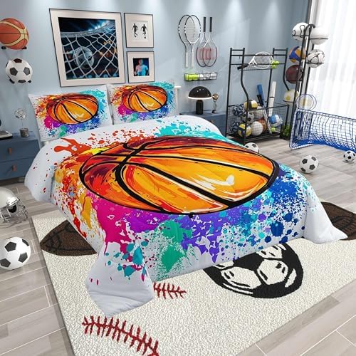 Teens Basketball King Size Comforter Set Kids Watercolor Tie-dye Decor All Season Bedding Set for Girls Teens Sports Gaming Comforter Graffiti Hip Hop Decor Quilt Set Bedroom Collection 3Pcs