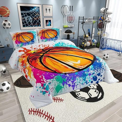 Teens Basketball King Size Comforter Set Kids Watercolor Tie-dye Decor All Season Bedding Set for Girls Teens Sports Gaming Comforter Graffiti Hip Hop Decor Quilt Set Bedroom Collection 3Pcs