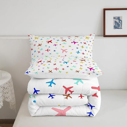 Castle Fairy Kids Aircraft Bedding Set for Boys Girls,Watercolor Transportation Vehicles All Season Cozy Comforter Set Full Size,Boys Airplanes Colorful Duvet Set Bedroom Décor,Gift for Kids