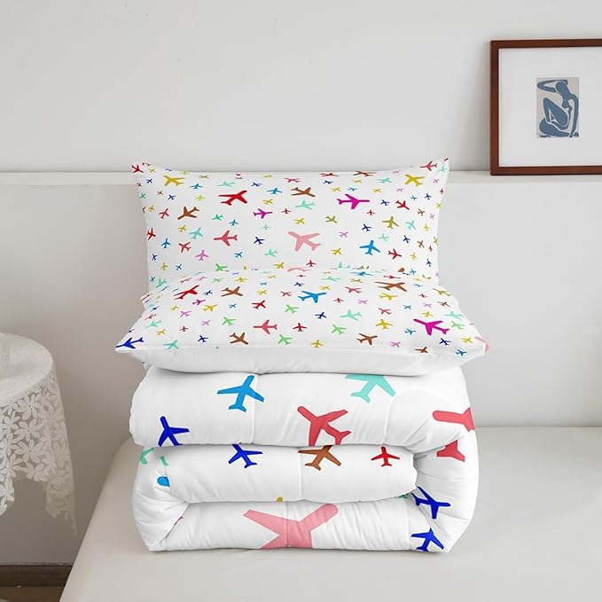 Castle Fairy Kids Aircraft Comforter Set King,Watercolor Transportation Vehicles Bedding Set for Boys Girls Teens Bedroom Decor,Boys Airplanes Colorful Quilt Set Super Soft Duvet Set,Gift for Her Him