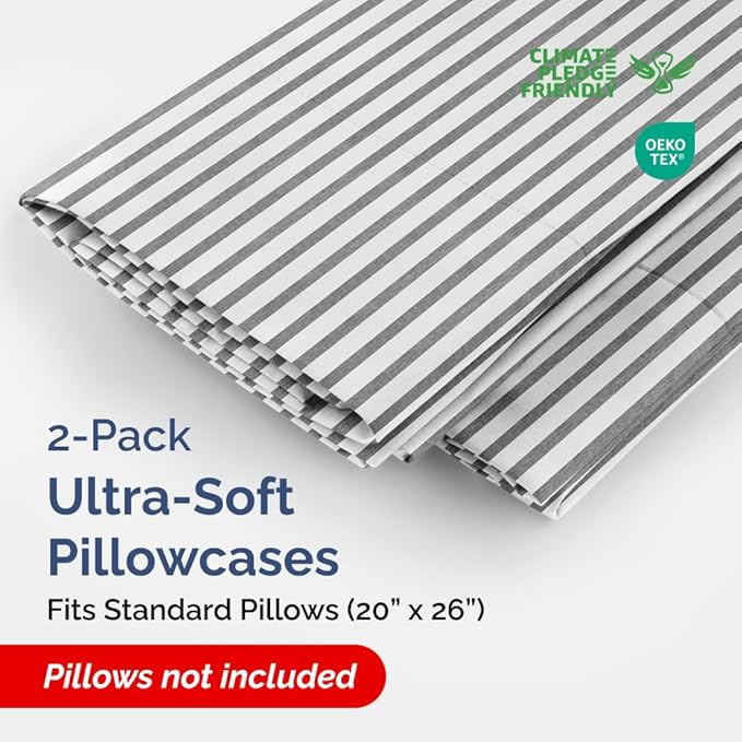 Standard Pillow Cases Set of 2 - Ultra-Soft Hotel Quality Pillowcase Covers - Comfy & Wrinkle Free - Stain and Fade Resistant - Machine Washable Pillow Protectors - 2 Piece Set - Grey Stripes 2