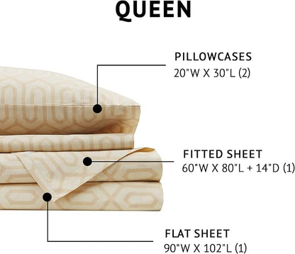 Comfort Spaces 100% Cotton Sheet Set Breathable, Lightweight, Soft with 14" Elastic Pocket Fits up to 16" Mattress, All Season Cozy Bedding, Matching Pillow Case, Queen Diamond Tan 4 Piece