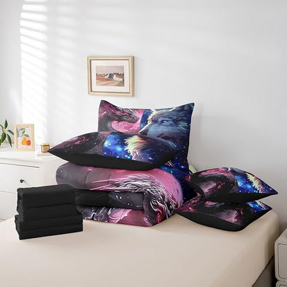 Castle Fairy Western Dragon and Wolf Comforter Set 7 Pieces King Size,Magical Animal Bedding Set for Kids,Glittering Starry Sky (Comforter+Fitted+Flat Sheet+2 Pillowcases+2 Throw Pillow Covers)