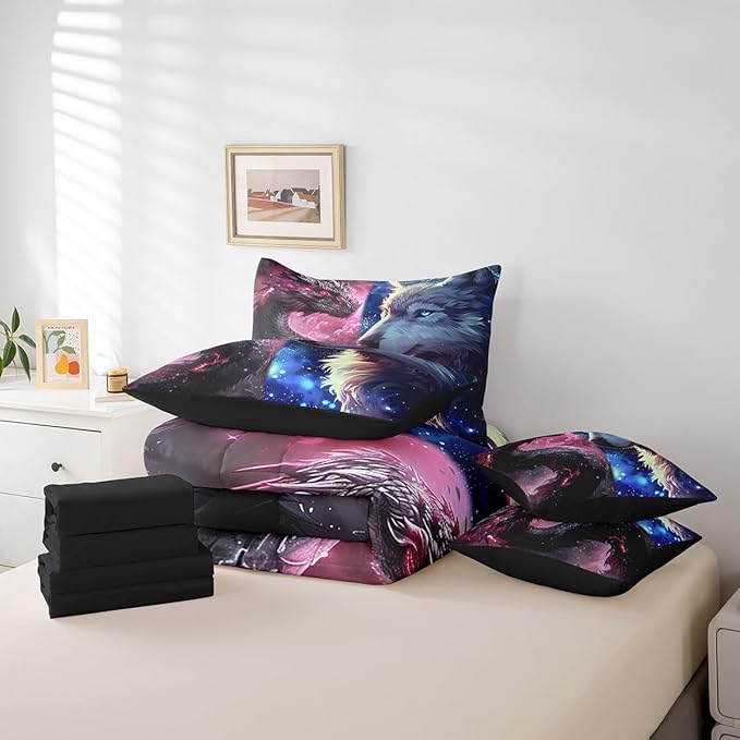 Castle Fairy Western Dragon and Wolf Comforter Set 7 Pieces Twin Size,Magical Animal Bedding Set for Kids,Glittering Starry Sky (Comforter+Fitted+Flat Sheet+2 Pillowcases+2 Throw Pillow Covers)