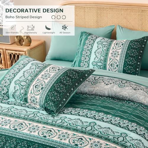 Cottolester Boho Comforter Set King Size,Teal Green Striped Bed in a Bag