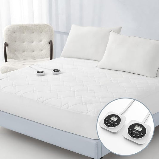 King Size Electric Heated Mattress Pad - Quilted Bed Warmer with Memory & Preheat Functions, 12 Heat Settings Dual Control for 1-12 Hours Auto Off, Lighted Button