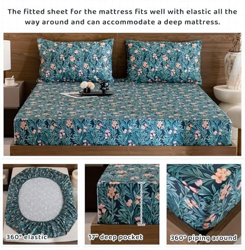 QSH Floral Egyptian Cotton Sheets King Size - Floral Bedding Sheets Botanical Pattern Printed Bedding King Size Bed Sheets 17.5" Extra Deep Pocket 4pcs