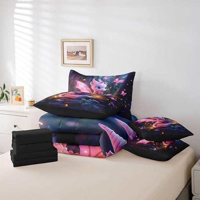Castle Fairy 3D Western Dragon Comforter Set for Room Decor,Magical Jungle Animal Bedding Set King Size 7 Pcs,Sparkling Pink Butterfly Bed in a Bag with Comforter, Sheets, Pillowcases & Cushion Cover