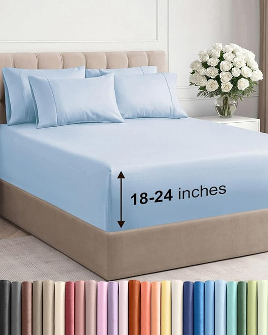 Extra Deep Cal King Sheet Set - 6 Piece Breathable and Cooling Sheets - Hotel Luxury Bedding for Women, Men, Kids & Teens - Easy & Secure Fit - Soft and Wrinkle Free - Extra Deep Pockets - Sky Blue