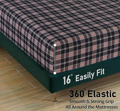 RUVANTI Flannel Sheets Set Queen Size,Peach & Black Plaid