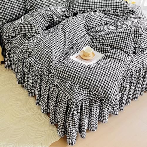 mixinni Vintage Black Gingham Ruffle Comforter Set 3-Piece Washed Cotton King Size Grid Bedding Set with Geometric Checkered Pattern, Farmhouse Chic Soft Fluffy Comforter for All-Season