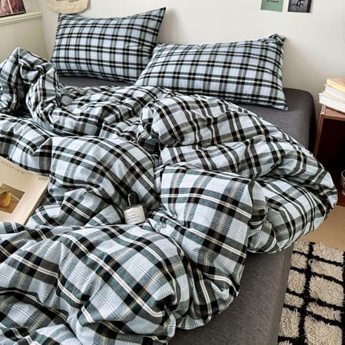 LifeTB Queen Comforter Set Grey Black Plaid Comforter Set, 3 Pieces Vintage Checkered Pattern Grid Comforter with 2 Pillowcases, Fluffy Soft Farmhouse Plaid Bedding Gingham Comforter Set Queen