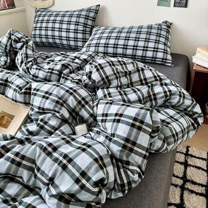 LifeTB Queen Comforter Set Grey Black Plaid Comforter Set, 3 Pieces Vintage Checkered Pattern Grid Comforter with 2 Pillowcases, Fluffy Soft Farmhouse Plaid Bedding Gingham Comforter Set Queen