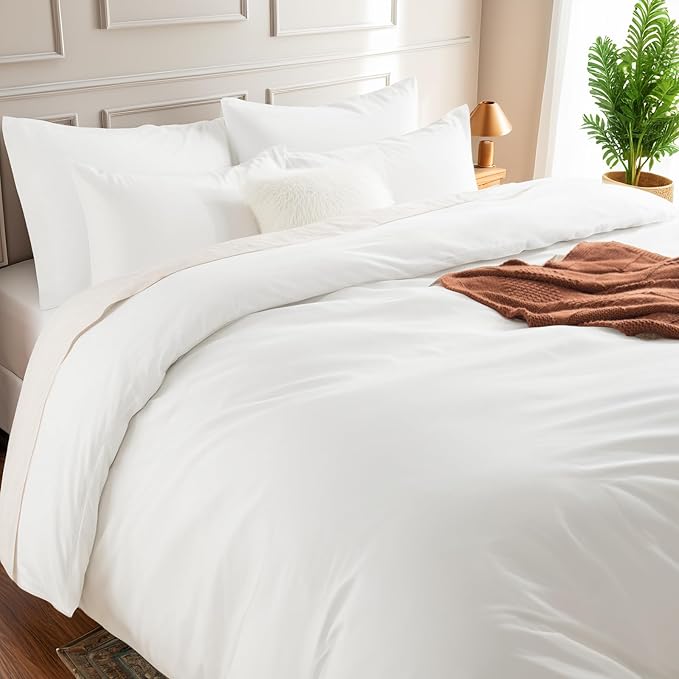 NEXHOME PRO Duvet Cover Set Oversized Queen 98"x98" Linen Look Textured White Organic Natural 100% Washed Cotton Duvet Cover 3 Pieces Bedding Set Zipper Closure, Breathable, Soft (No Comforter)