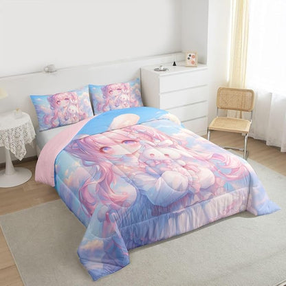 Erosebridal Kawaii Girl Bedding Queen,3D Anime Gifts Comforter Set Japanese Girl with Curly Hair Bed Sets Romance Style Duvet Insert 3 Pieces