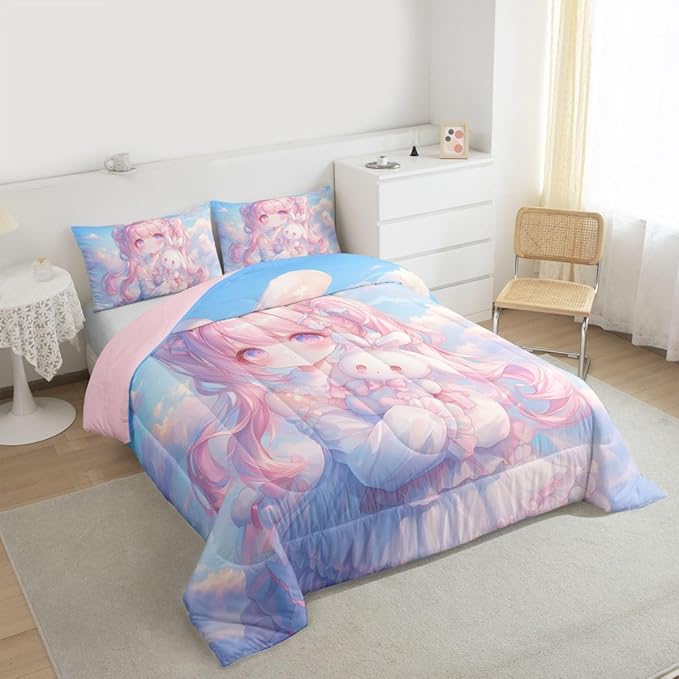 Erosebridal Kawaii Girl Bedding Twin,3D Anime Gifts Comforter Set Japanese Girl with Curly Hair Bed Sets Romance Style Duvet Insert 2 Pieces