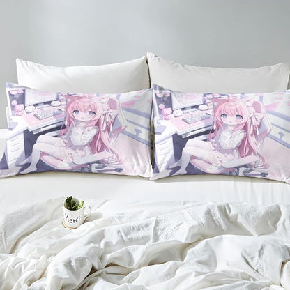 Erosebridal Kawaii E-Sports Girl Fitted Sheet Full 3D Japanese Girl Bed Sheets for Boys Girls Girly Gaming Bed Set Anime Gifts for Her Sheets with 2 Pillowcases