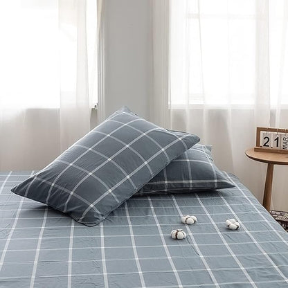 FACE TWO FACE Bedding Duvet Cover Set100% Washed Cotton Duvet Cover Linen Like Textured Breathable Durable Soft Comfy (California King, Grey Green Grid)