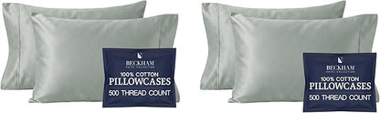 Beckham Hotel Collection Cotton Pillowcases King, 500TC, Sateen Finish, Open End, Breathable, Moisture-Wicking, Aqua Gray (4 Pieces)