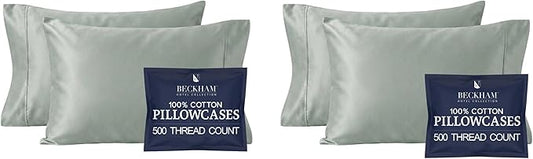 Beckham Hotel Collection Cotton Pillowcases King, 500TC, Sateen Finish, Open End, Breathable, Moisture-Wicking, Aqua Gray (4 Pieces)