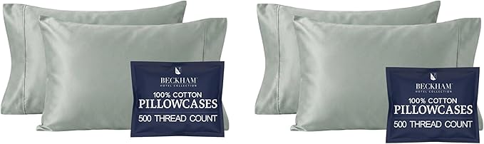 Beckham Hotel Collection Cotton Pillowcases Standard/Queen, 500TC, Sateen Finish, Open End, Breathable, Moisture-Wicking, Aqua Gray (4 Pieces)