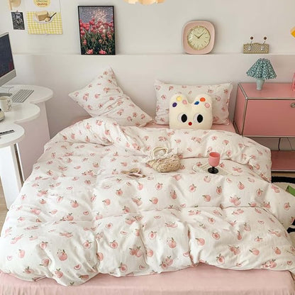Nayoroom Pink Peach Duvet Cover Full Size Kawaii Fruit Peaches Rabbit Printed on White Comforter Cover 3Pcs Kids Girls Soft Breathable Microfiber Cute Cartoon Bedding Set with Zipper Closure
