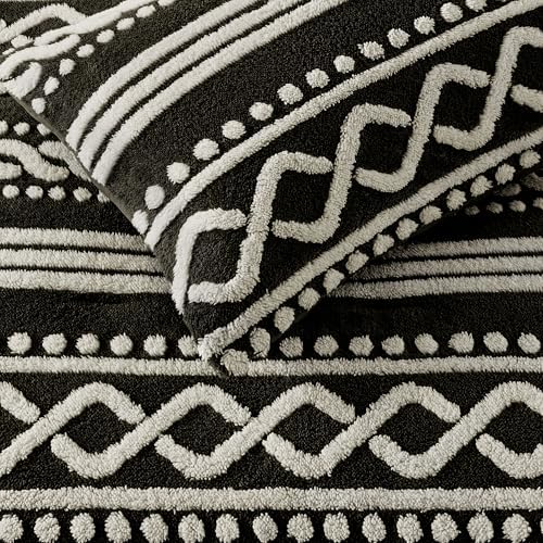 Wonderful Tufted Boho Comforter King, 3 Piece Flannel Fair Isle Geometric Jacquard Lightweight Comforter with Washed Brushed Backing, Skin-Friendly Rustic Plush Blanket for All Season, Black, 104"x90"