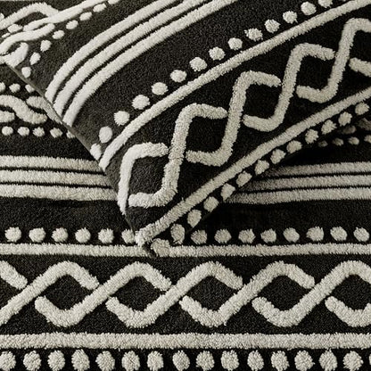 Wonderful Tufted Boho Comforter King, 3 Piece Flannel Fair Isle Geometric Jacquard Lightweight Comforter with Washed Brushed Backing, Skin-Friendly Rustic Plush Blanket for All Season, Black, 104"x90"