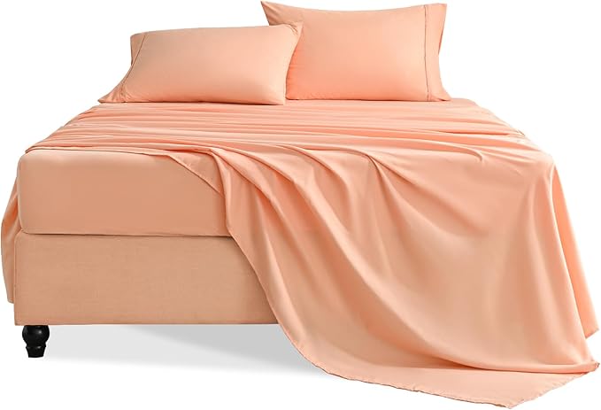 Full Size Bed Sheets Set, 4 Pieces Hotel Luxury Soft Microfiber Bed Sheets Set, Up to 16" Deep Pockets, Oeko-Tex Sheets with Elastic, Breathable, Wrinkle Free (Peach Pink Flower, Full)