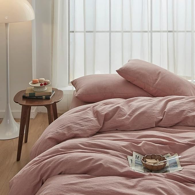 FACE TWO FACE Bedding Duvet Cover Set100% Washed Cotton Duvet Cover Linen Like Textured Breathable Durable Soft Comfy (Twin, Old Pink)
