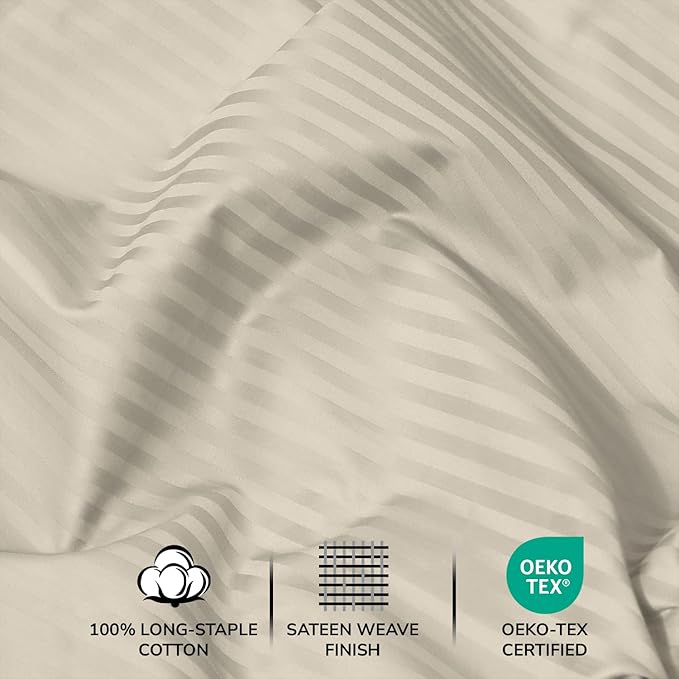 Feather & Stitch 500 TC Full Size Damask Bed Sheet Set, 100% Cotton Soft Breathable Bedsheets, 4 Piece 18" Deep Pockets Sateen Weave Striped Bedding Mattress Resort Hotel Luxury- (Beige Stripe)