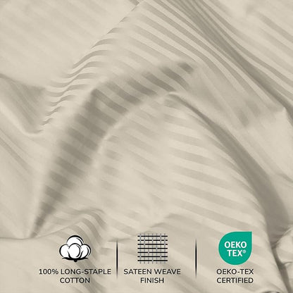 Feather & Stitch 500 TC Full Size Damask Bed Sheet Set, 100% Cotton Soft Breathable Bedsheets, 4 Piece 18" Deep Pockets Sateen Weave Striped Bedding Mattress Resort Hotel Luxury- (Beige Stripe)