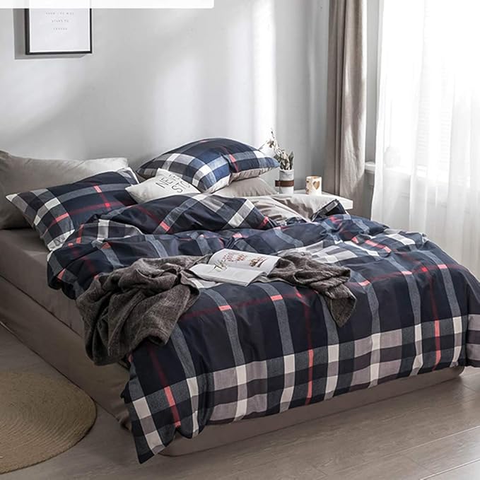 Cottonight Navy Blue Plaid Comforter Set King Buffalo Checkered Comforter Lightweight Blue Grid Bedding Set Super Soft Blue Red and White Plaid Bedding Set for Men Boys Adults