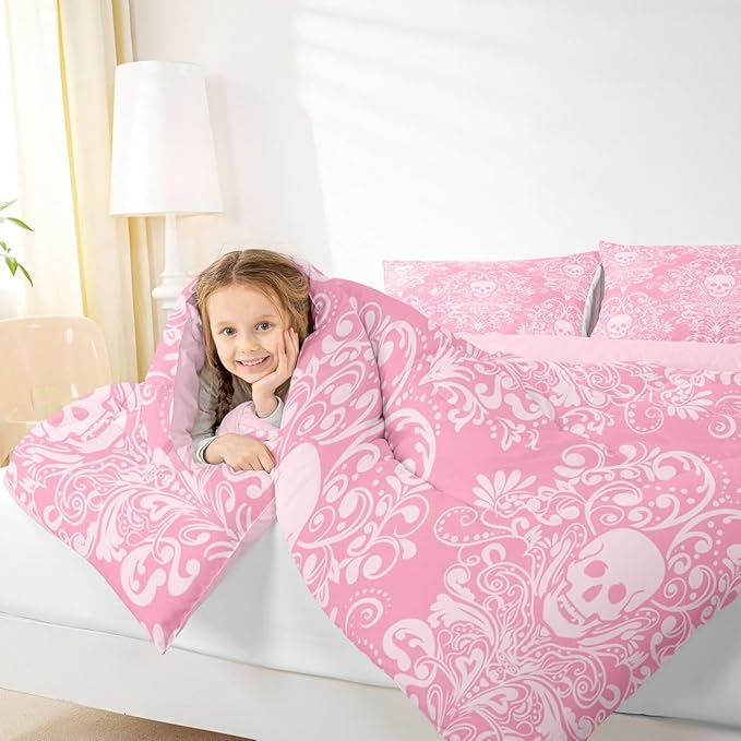 Feelyou Adults Gothic Skull Bedding Set Twin Size Kids Damask Print Comforter Goth Bohemian Duvet Breathable Soft Lightweight Microfiber Pink White Room Decor with 1 Pillowcase