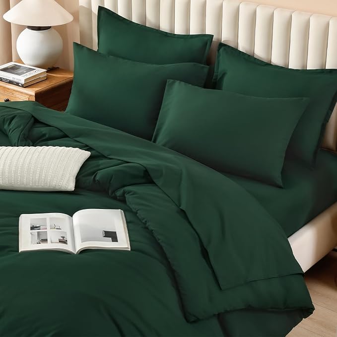 Litanika California King Comforter Set Dark Emerald Green - 7 Pieces Bed in a Bag Cal King Bedding Comforter Sets, Plain Lightweight Bed Set with Comforter, Sheets, Pillowcases & Shams